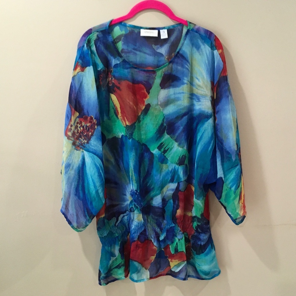 Chico’s Top Blouse Smock Women 3/L Sheer Floral Print Blue 3/4 Sleeve